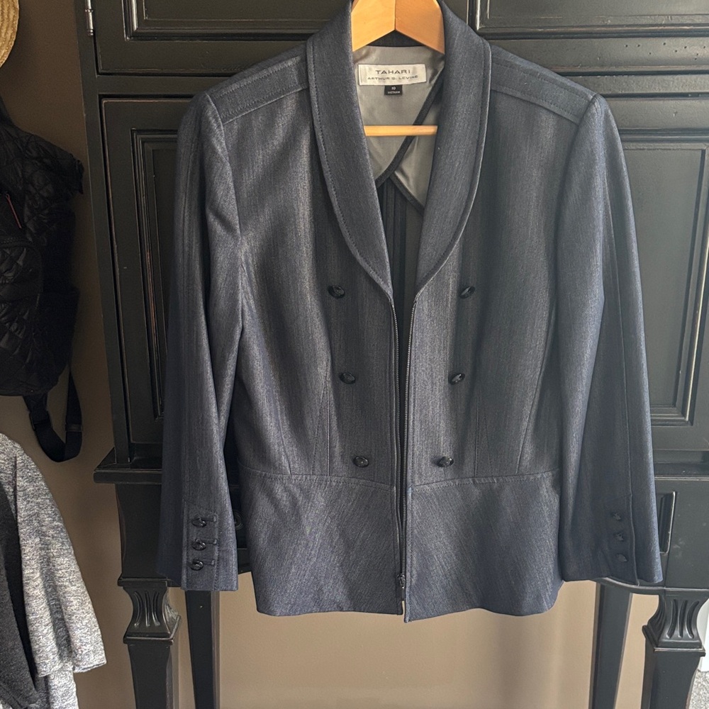 Tahari Dark Navy Double-Breasted Shawl Collar Jacket